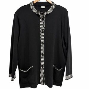 Lucia Black and White Classic Checkered Wool Cardigan Pockets Button Long Sleeve